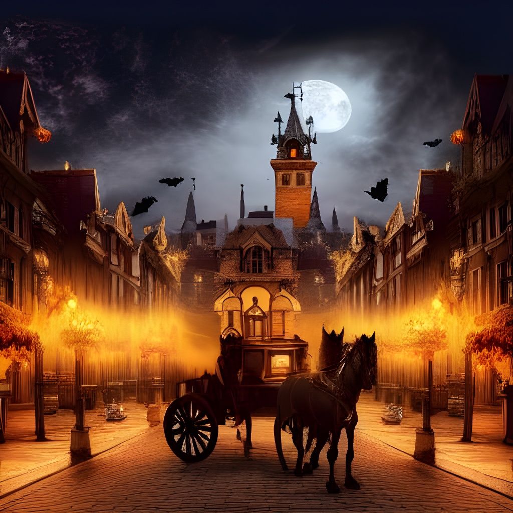 Halloween Town with Carriage Horses: Digital Matte Painting
