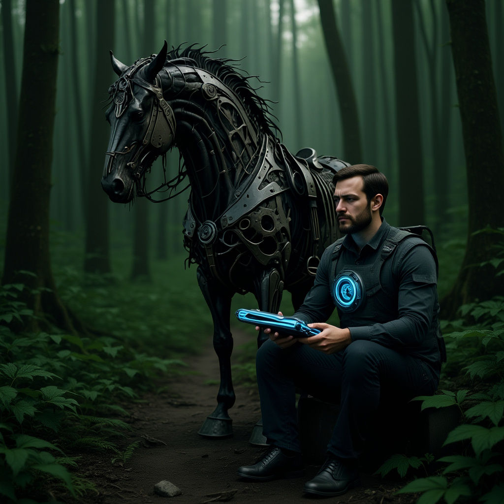 Biomechanical Horse in Desolate Landscape