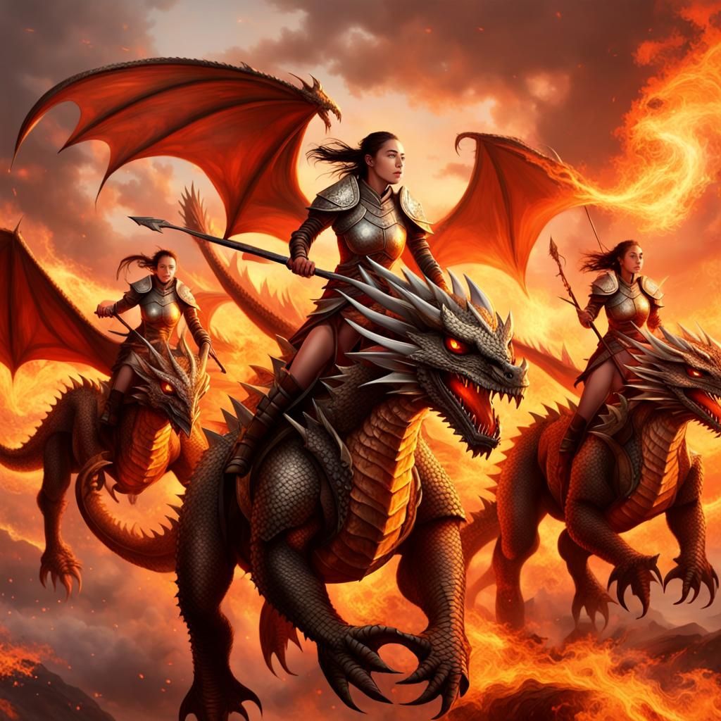 Dragon Riders in Fiery Battle Sky