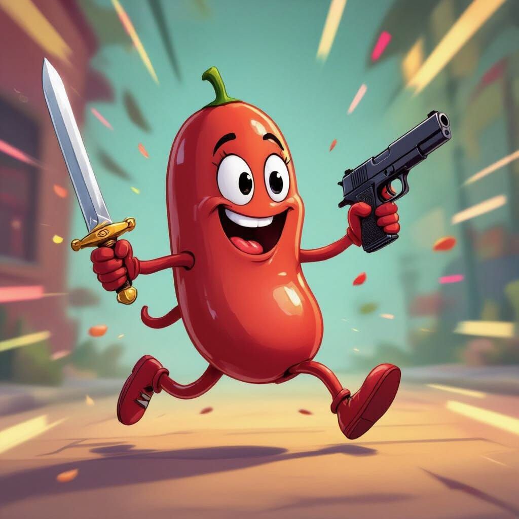 Kidney Bean Character Fights with Sword and Glock in Cartoon...