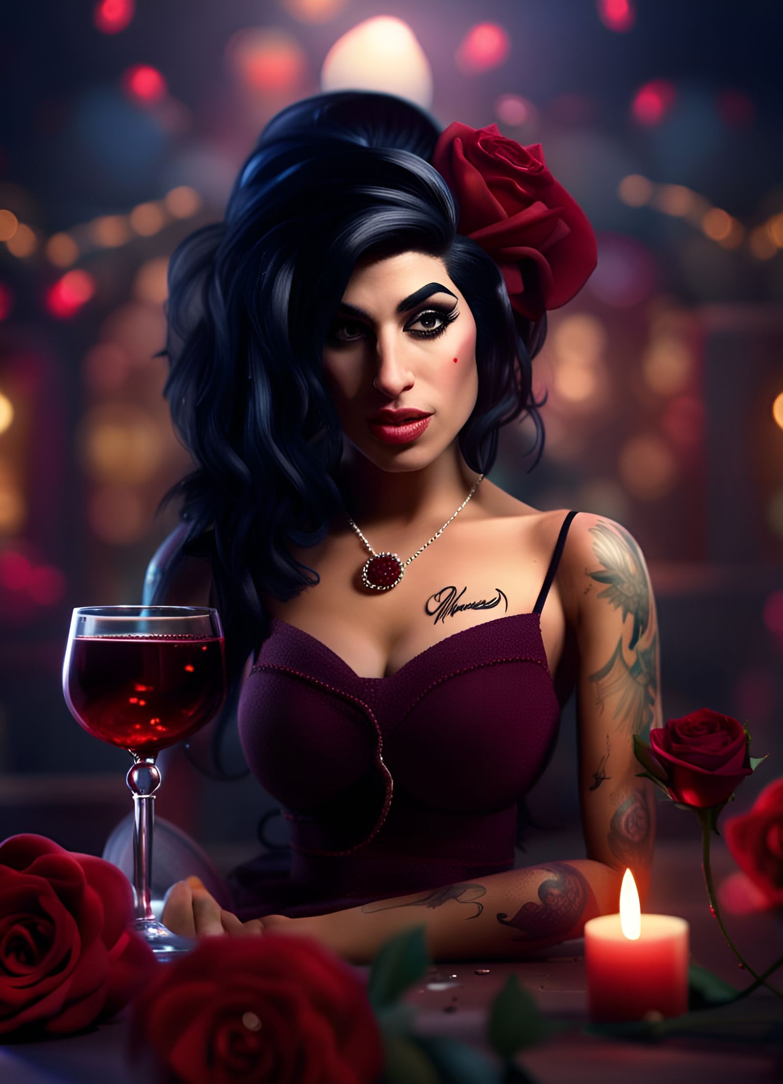 Amy Winehouse Portrait with Red Wine and Roses