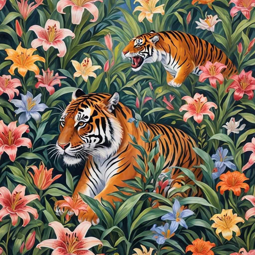 Tiger and Lilies in Gouache Impressionist Style