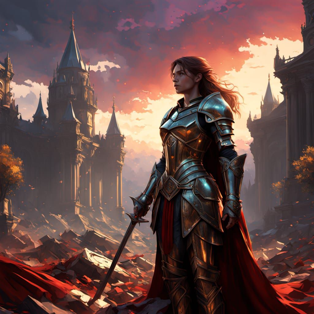 Elegant Knight Emerges from Battle in Vibrant Sunset