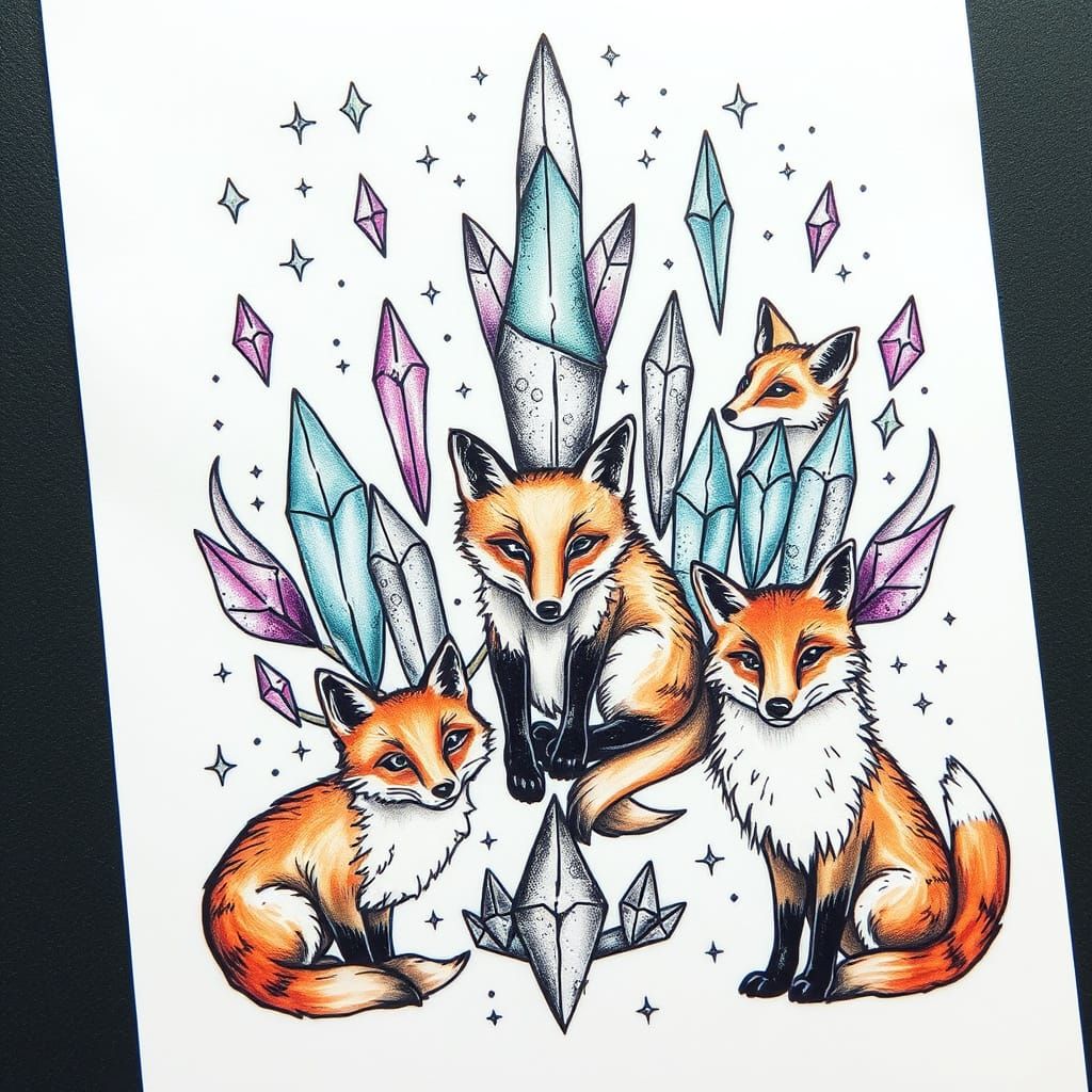 Mystical Crystal Fox Tattoo Sheet Designs