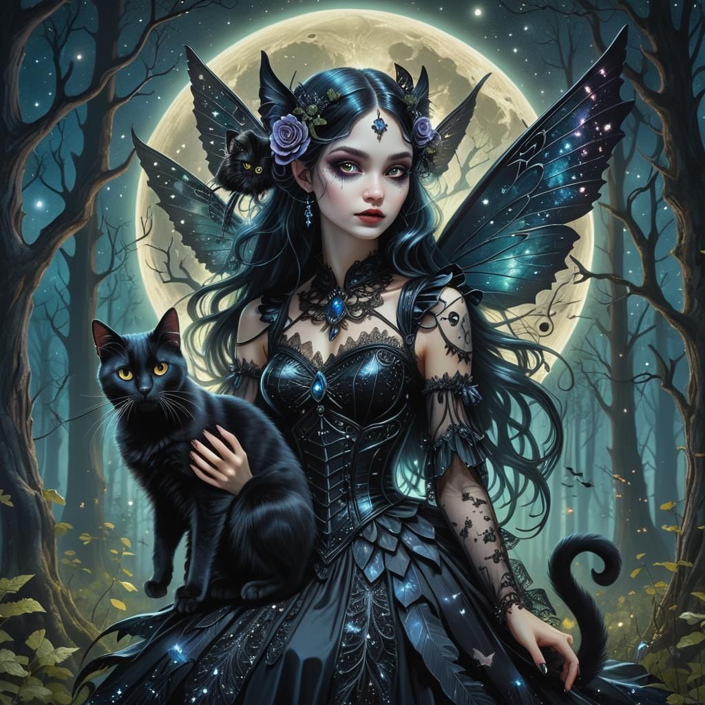 Gothic Fairy and Black Cat Fantasy Illustration