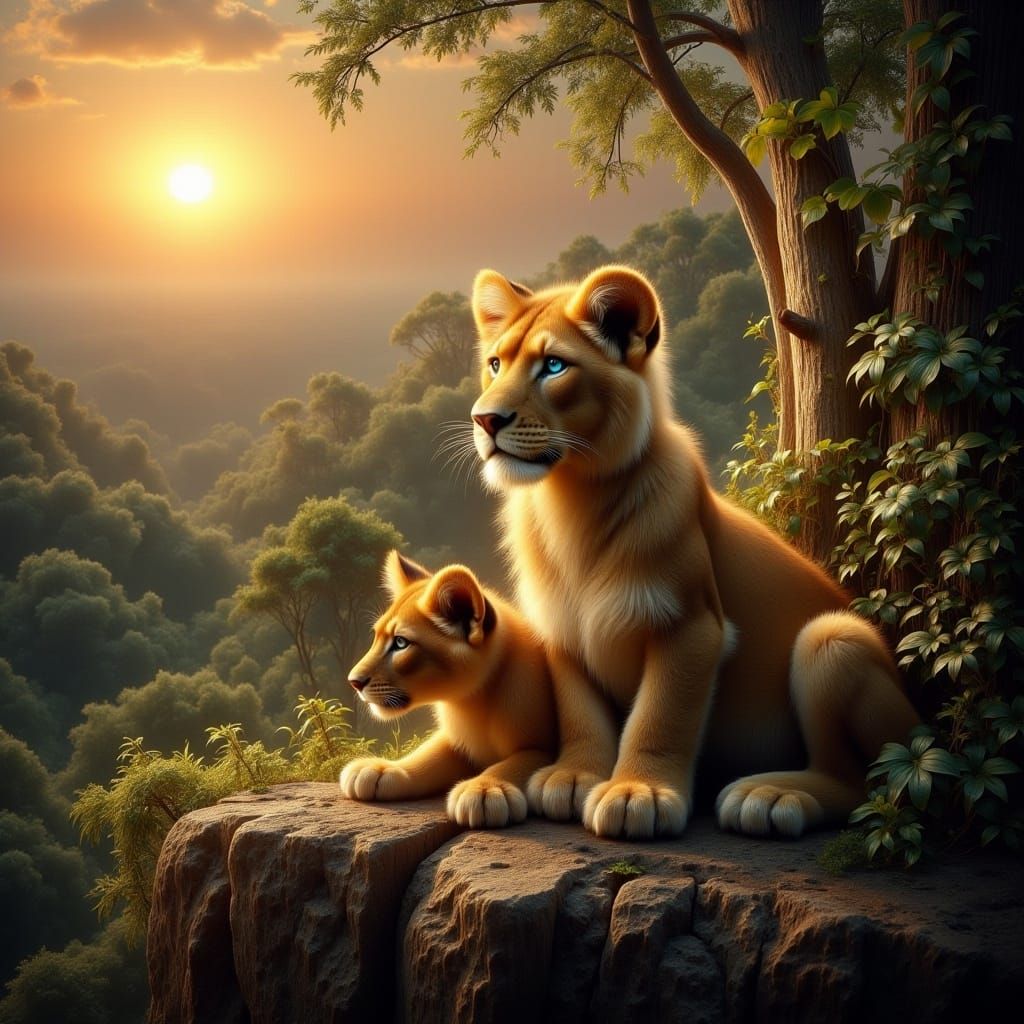 Lion Cubs Gaze at Sunset in Haeckel Style