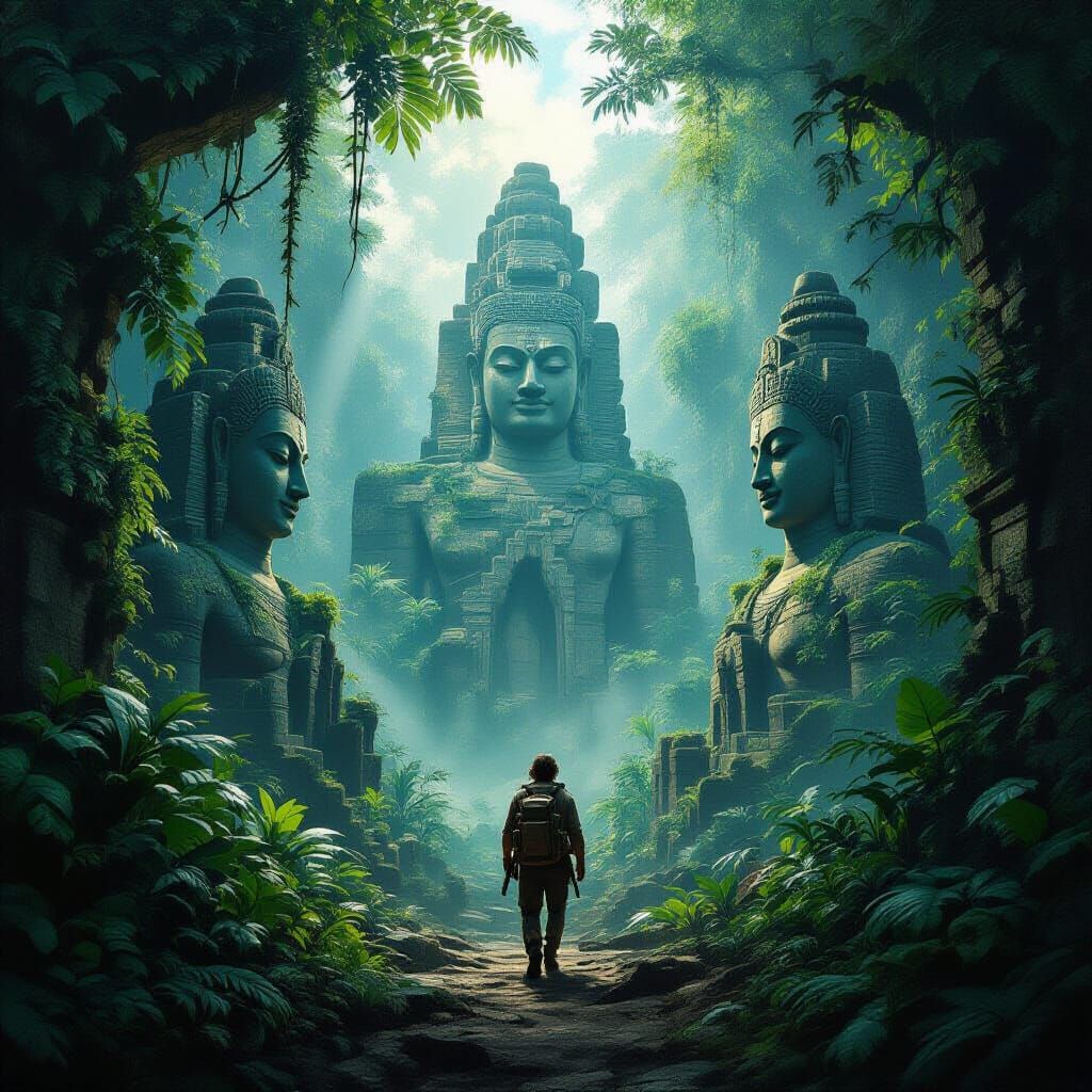Lone Explorer in Ancient Jungle with Colossal Statues
