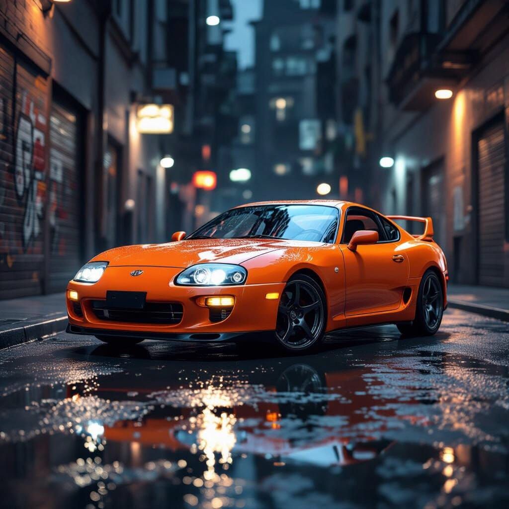 Orange Toyota Supra MK4 in Cinematic Urban Alleyway