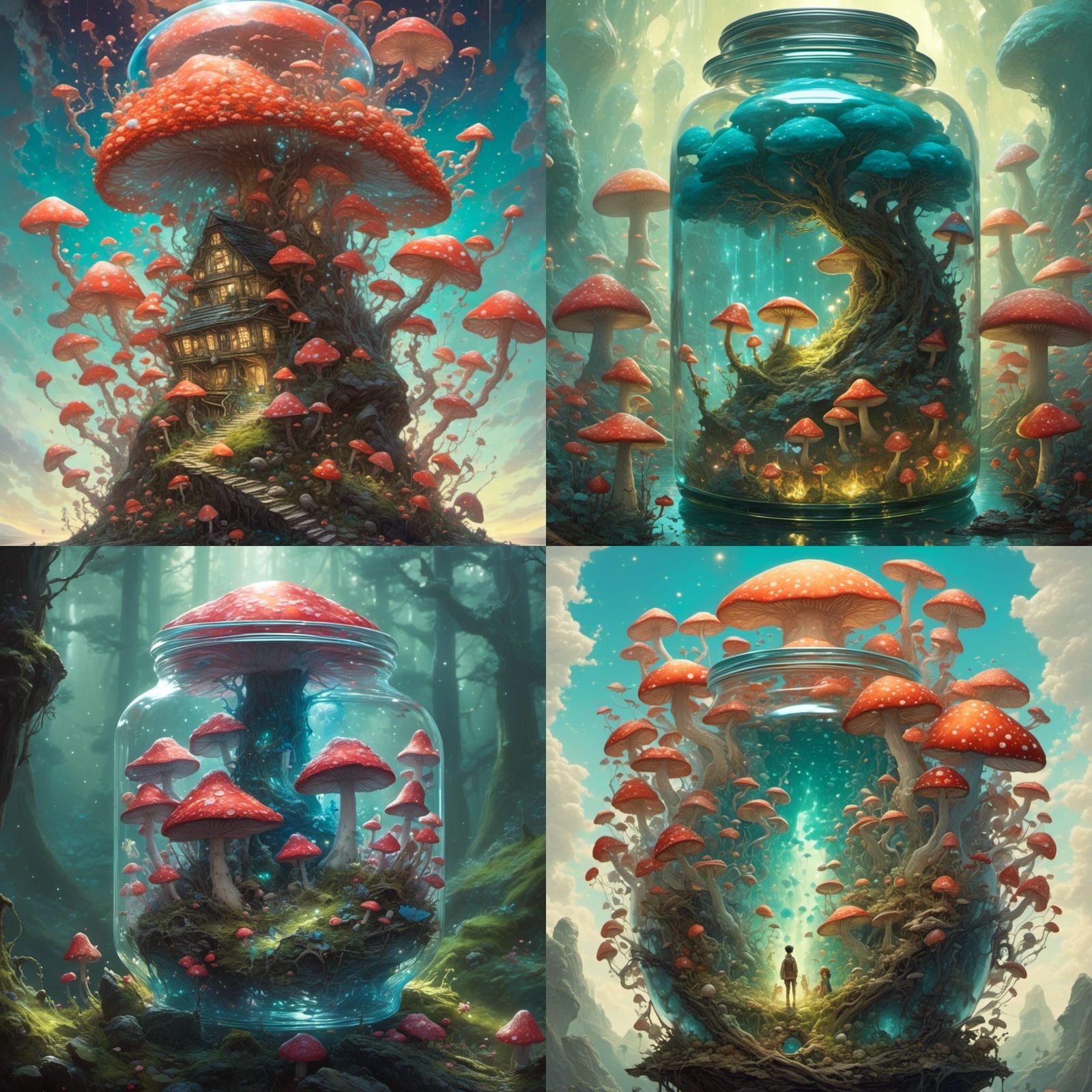 Giant Jar of Mushroom Beings in Fantasy Art Style