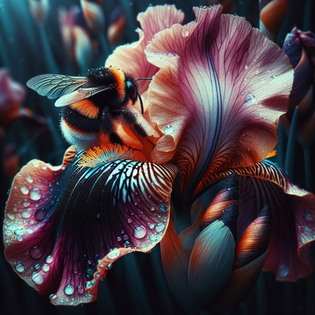 Bumble Bee on Dark Iris with Bokeh