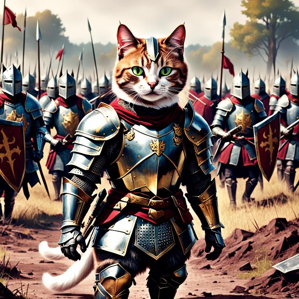 Cat Knight in Burgundian Armor on Battlefield