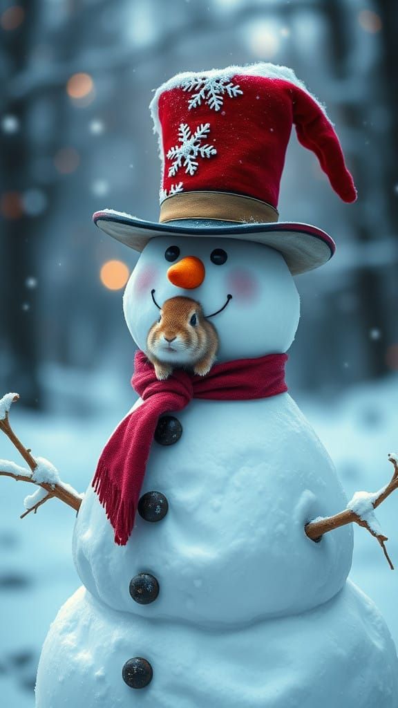 Snowman in Top Hat with Rabbit Peeking Out