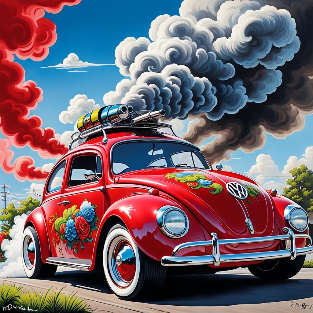 Rat Fink Comic Art: Red VW Bug Close-Up