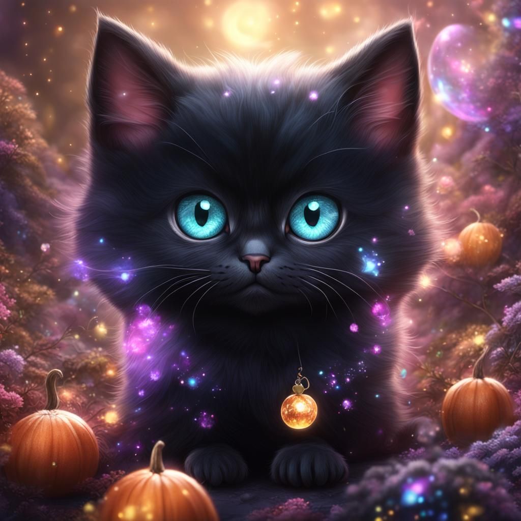 Cute Black Kitten in Witch Costume, Hyperreal Digital Art