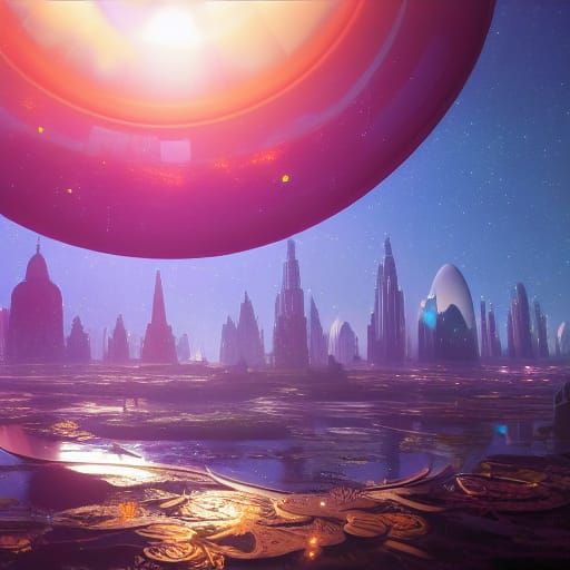 Glass Dome City Floating in Space