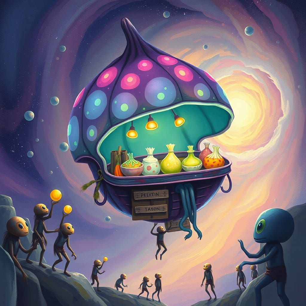 Floating Alien Market in Storybook Style