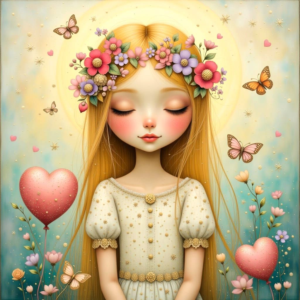 Dreamy Pastel Portrait of a Blond Girl with Whimsical Surrou...