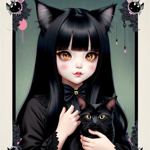 Creepy Kawaii Cat-Girl Digital Illustration