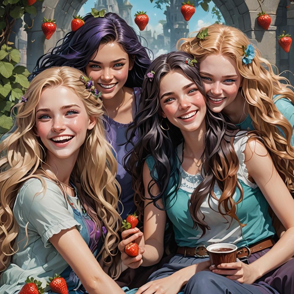 Four Laughing Teenage Girls: Fantasy Concept Art