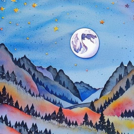Watercolor Moon and Stars Art