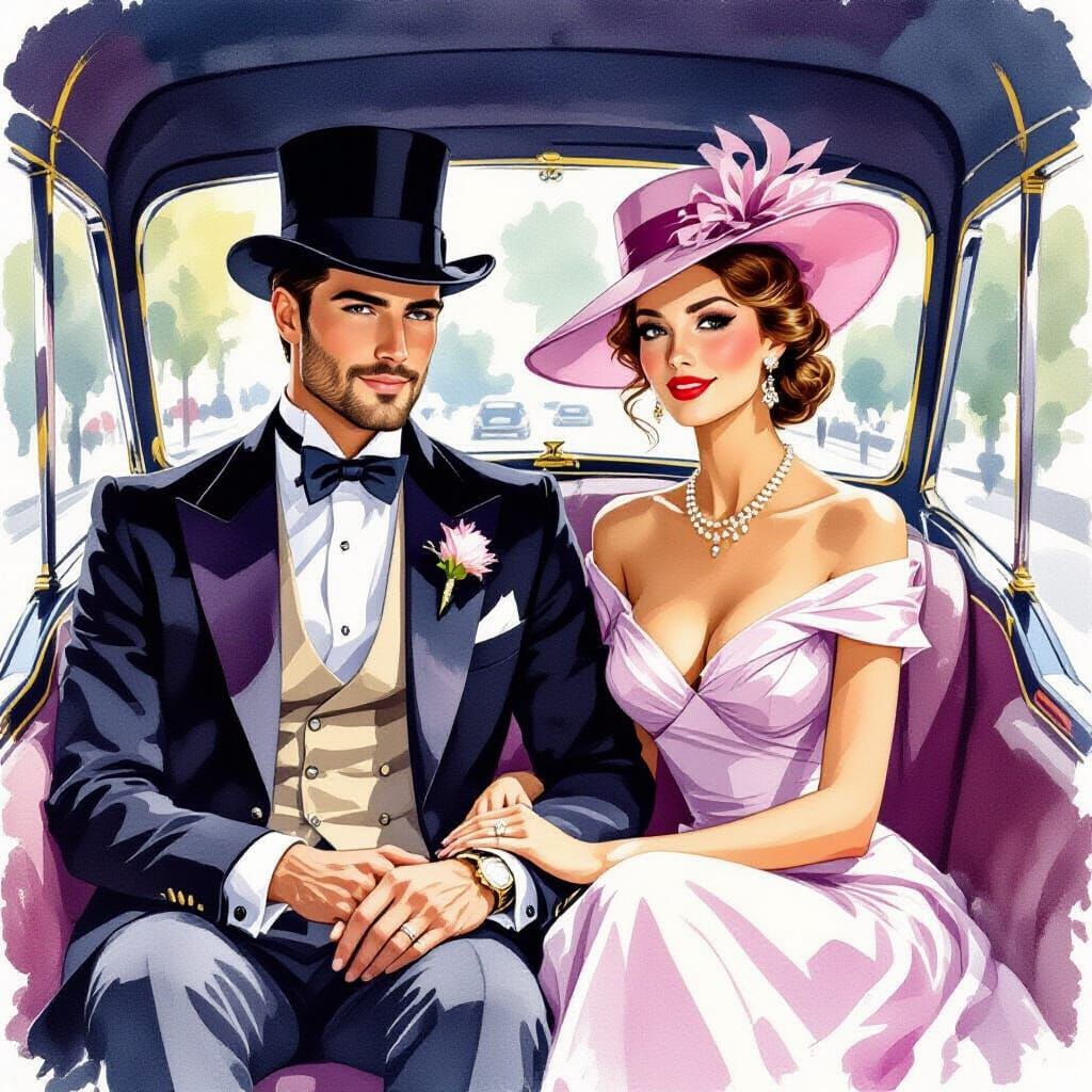 Dandy and Rorita-Style Woman in Watercolor Carriage
