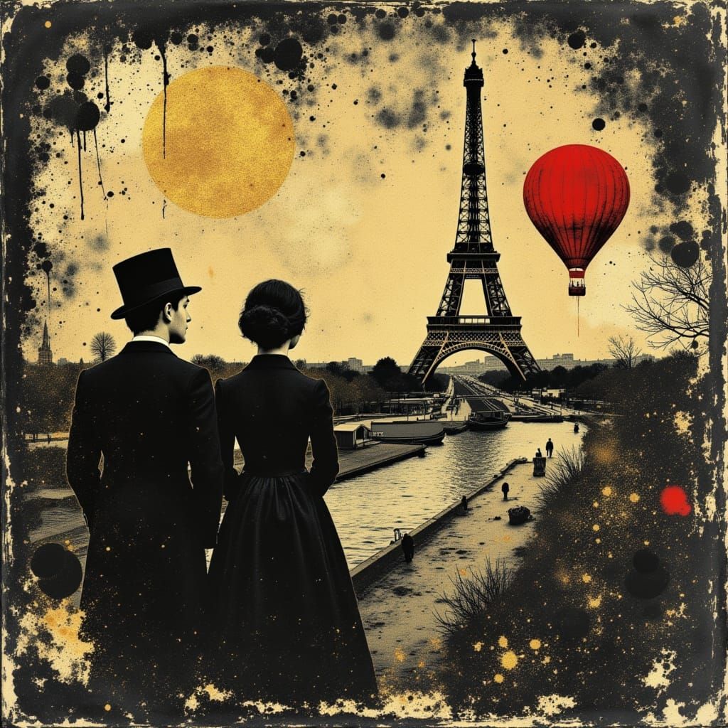 Victorian Hot Air Balloon Over Eiffel Tower in Abstract Styl...