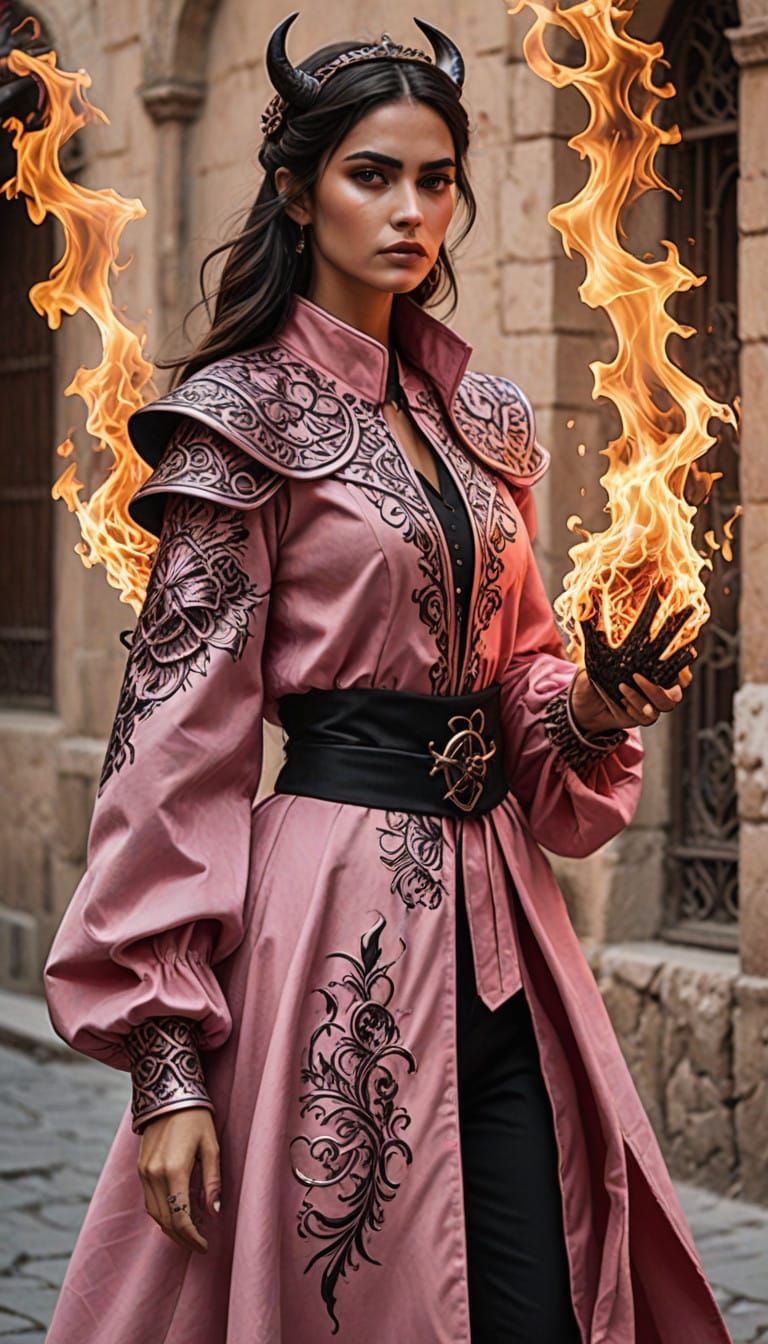 Sensual Demon Woman Blazes in Fiery Rose Hues