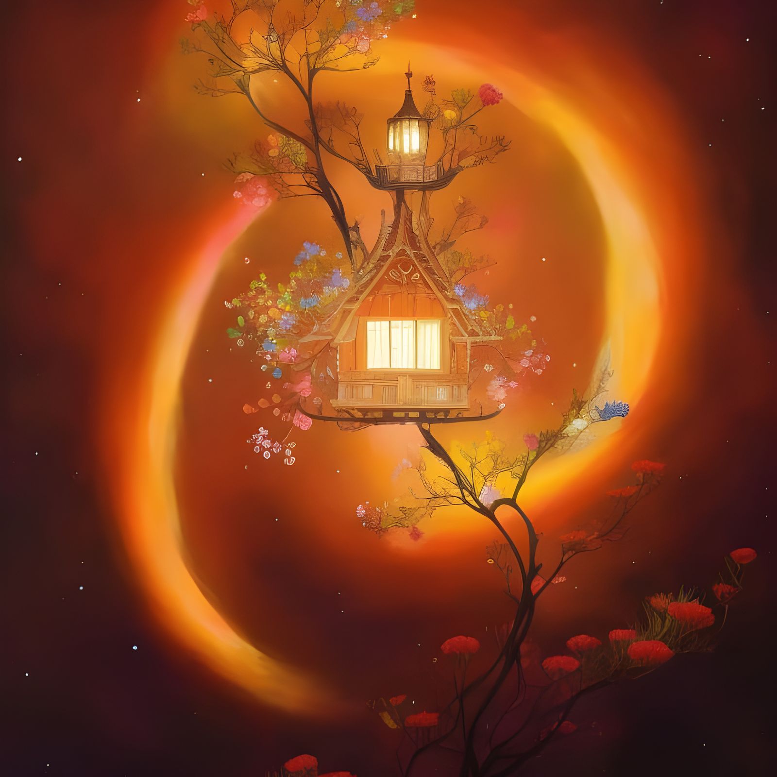 Whimsical Treehouses with Flowers and Sparkles