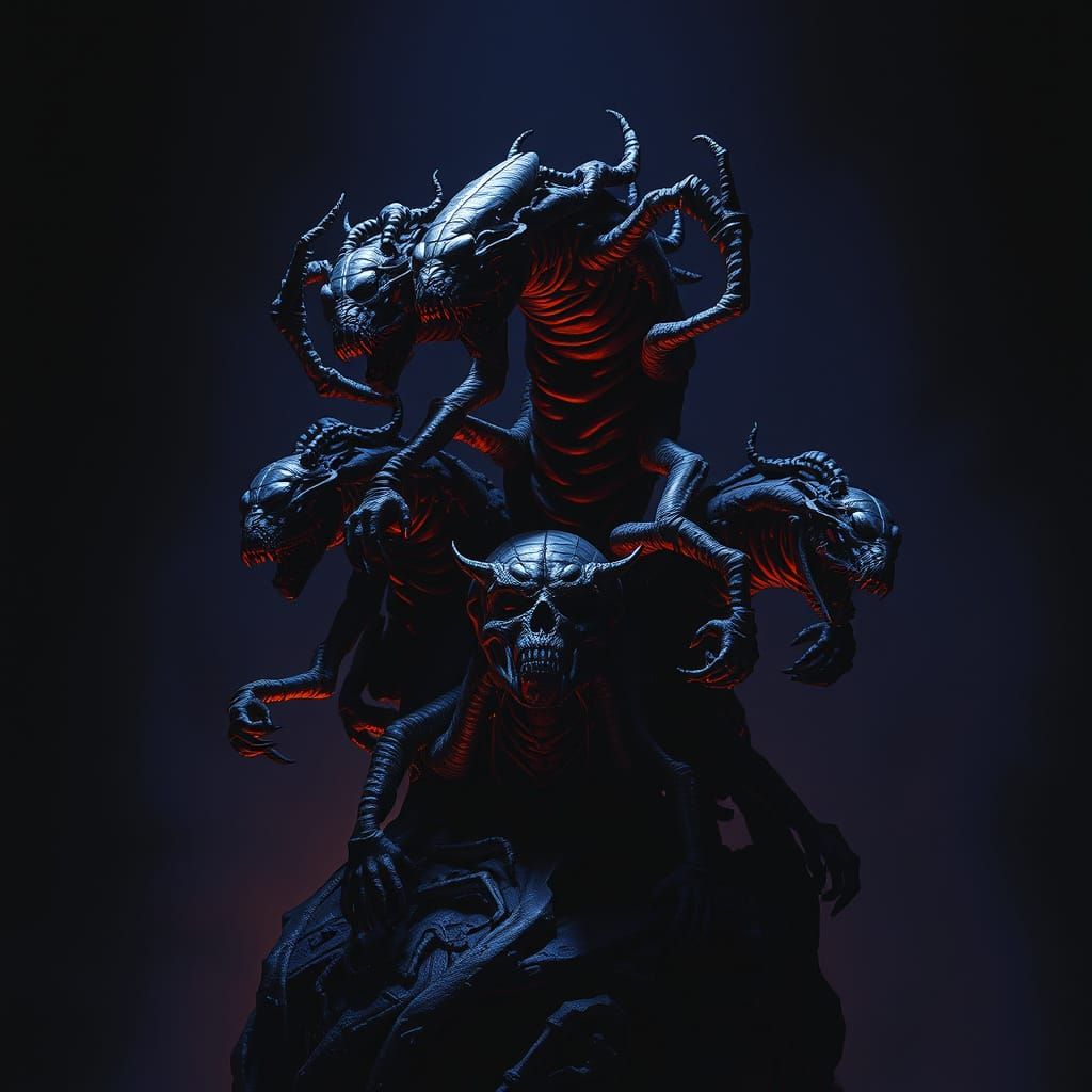 Eerie Biomechanical Sculpture in Dark Futuristic Atmosphere