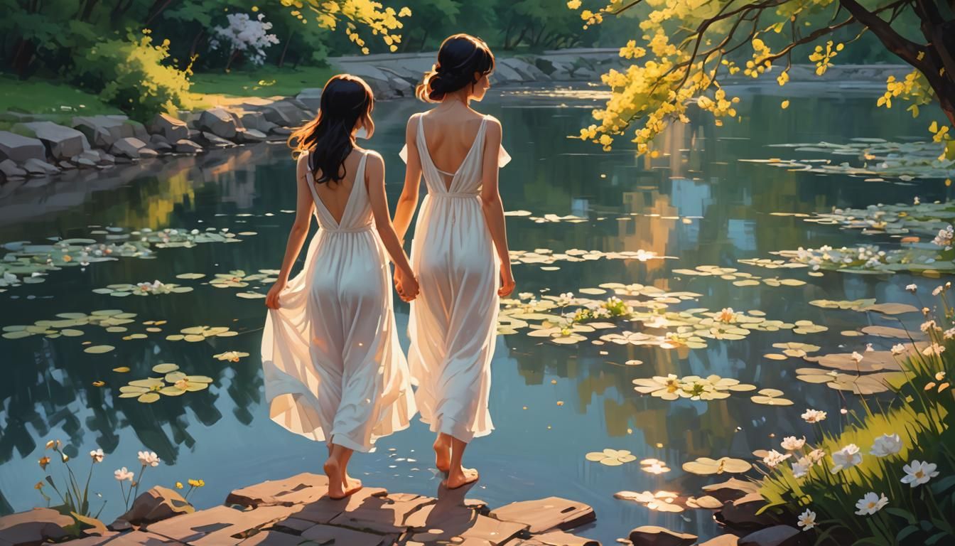 Woman Wandering by River in Golden Light