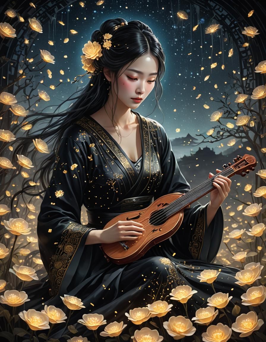 Firefly Zither Player in a Starry Rose Garden
