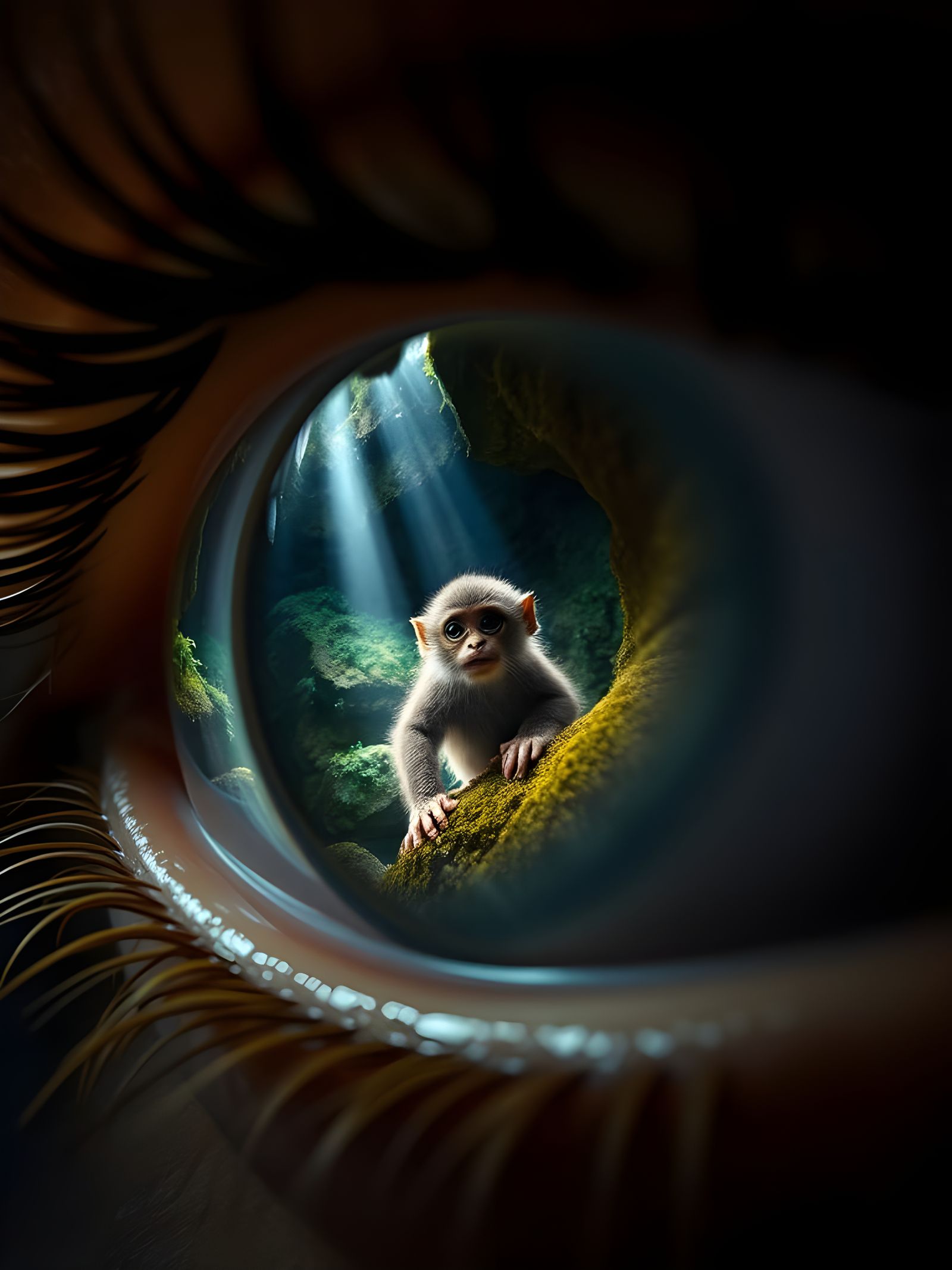 Macro Eye Reflecting Monkeys in Jungle Cave