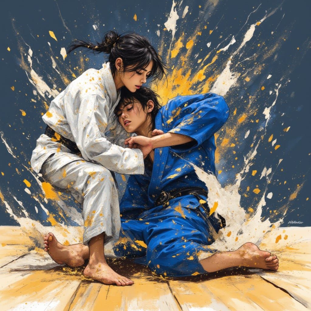 Intense Judo Match Under Dynamic Lighting