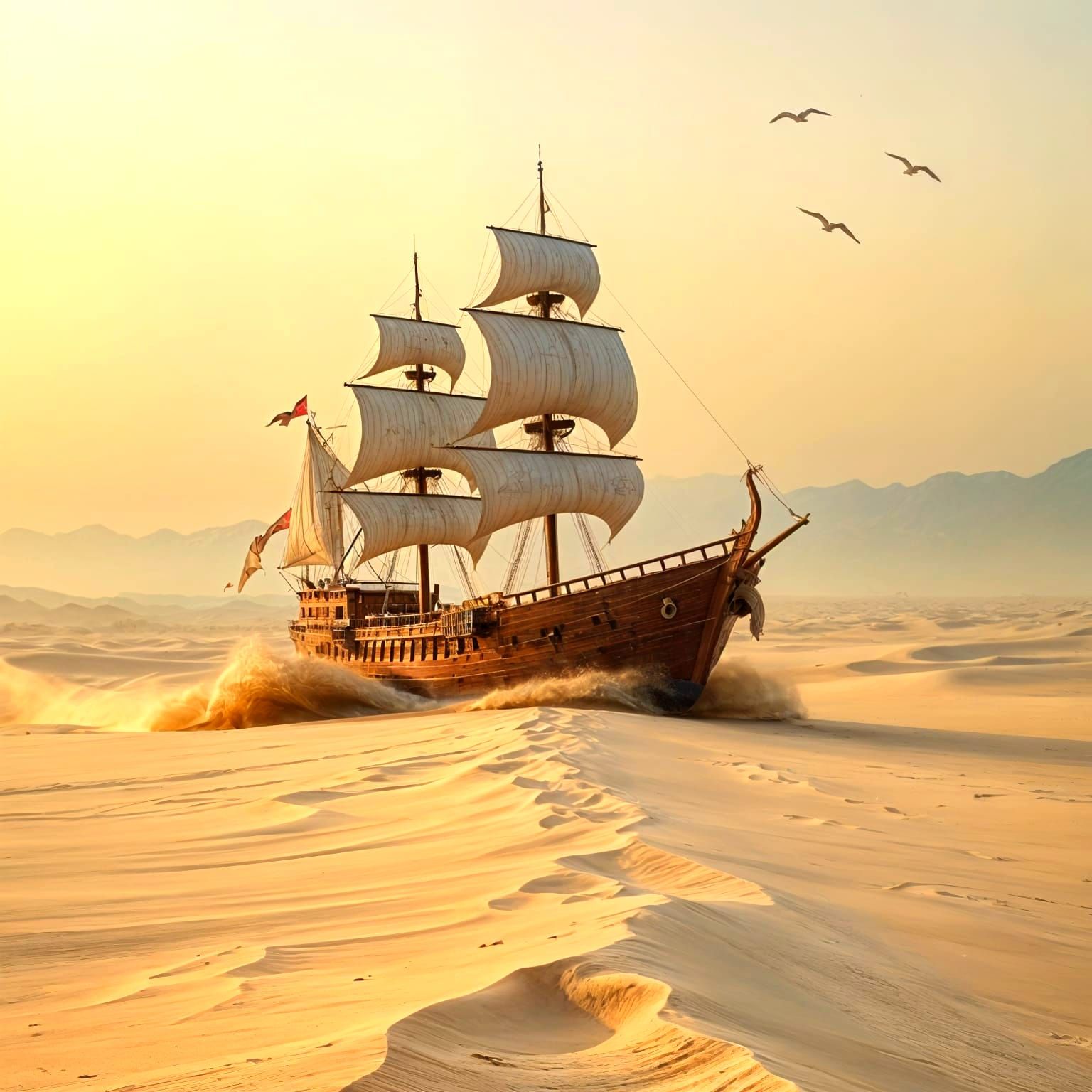 Wooden Ship Sailing Across a Desert Landscape