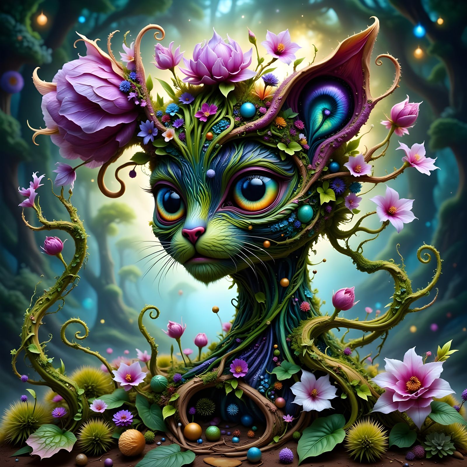 Surreal Cat-Plant Hybrid with Intricate Fractal Details