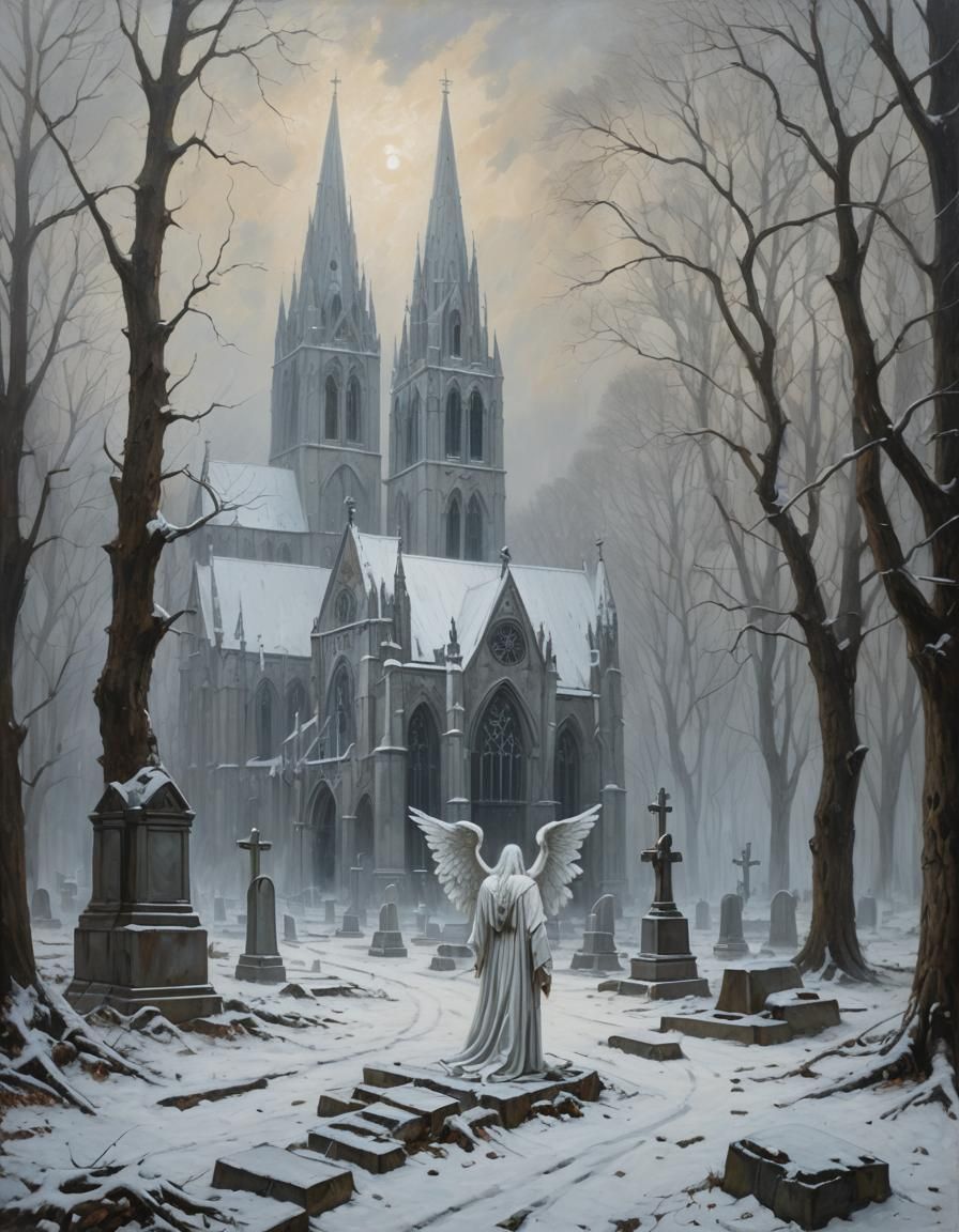 Eerie Graveyard: Weeping Angel in a Gothic Landscape
