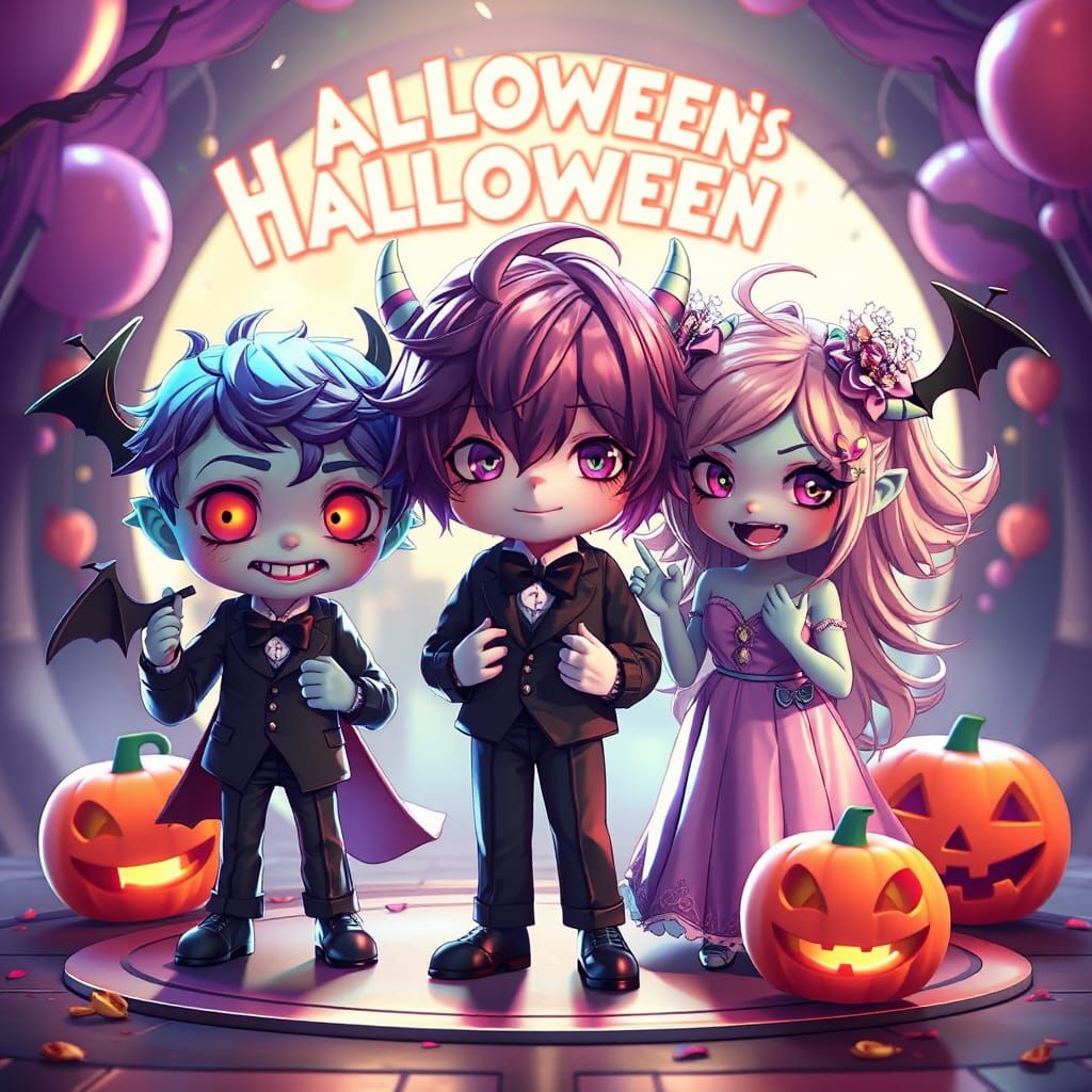 Cute Chibi Monster at Halloween Prom in 3D Anime Style