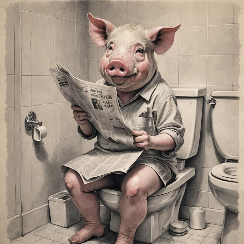 Pig Reads Newspaper on Toilet: Pencil Drawing