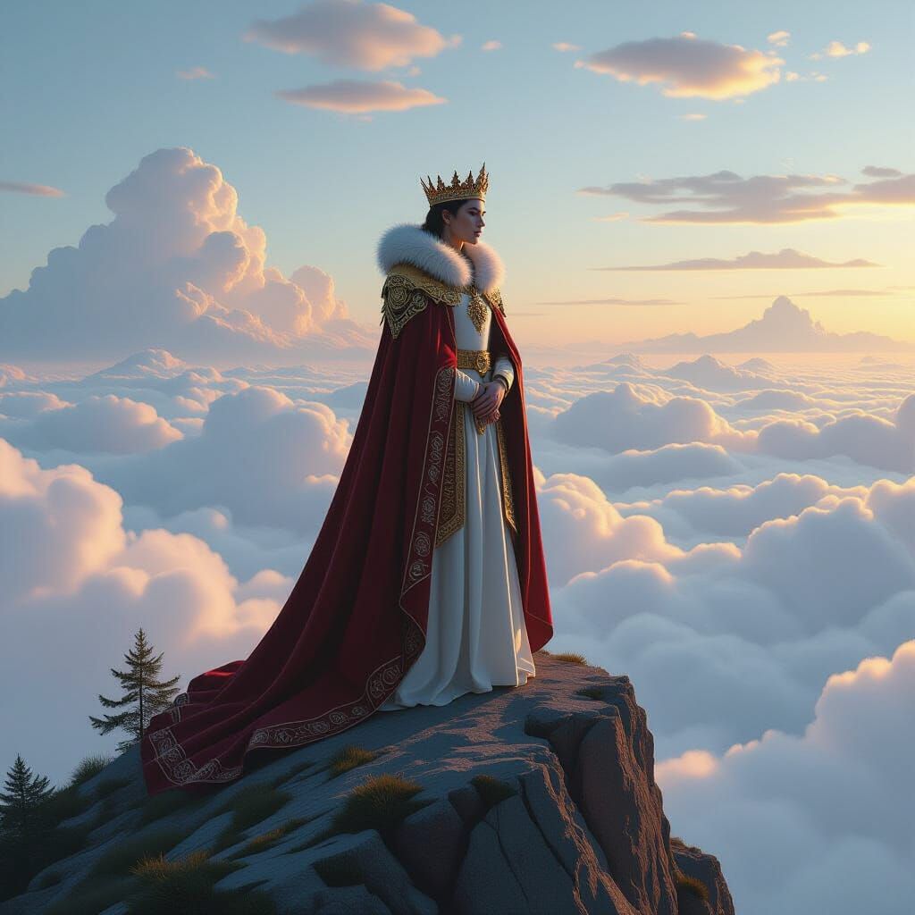 Crowned Figure Above Clouds in Dystopian Style