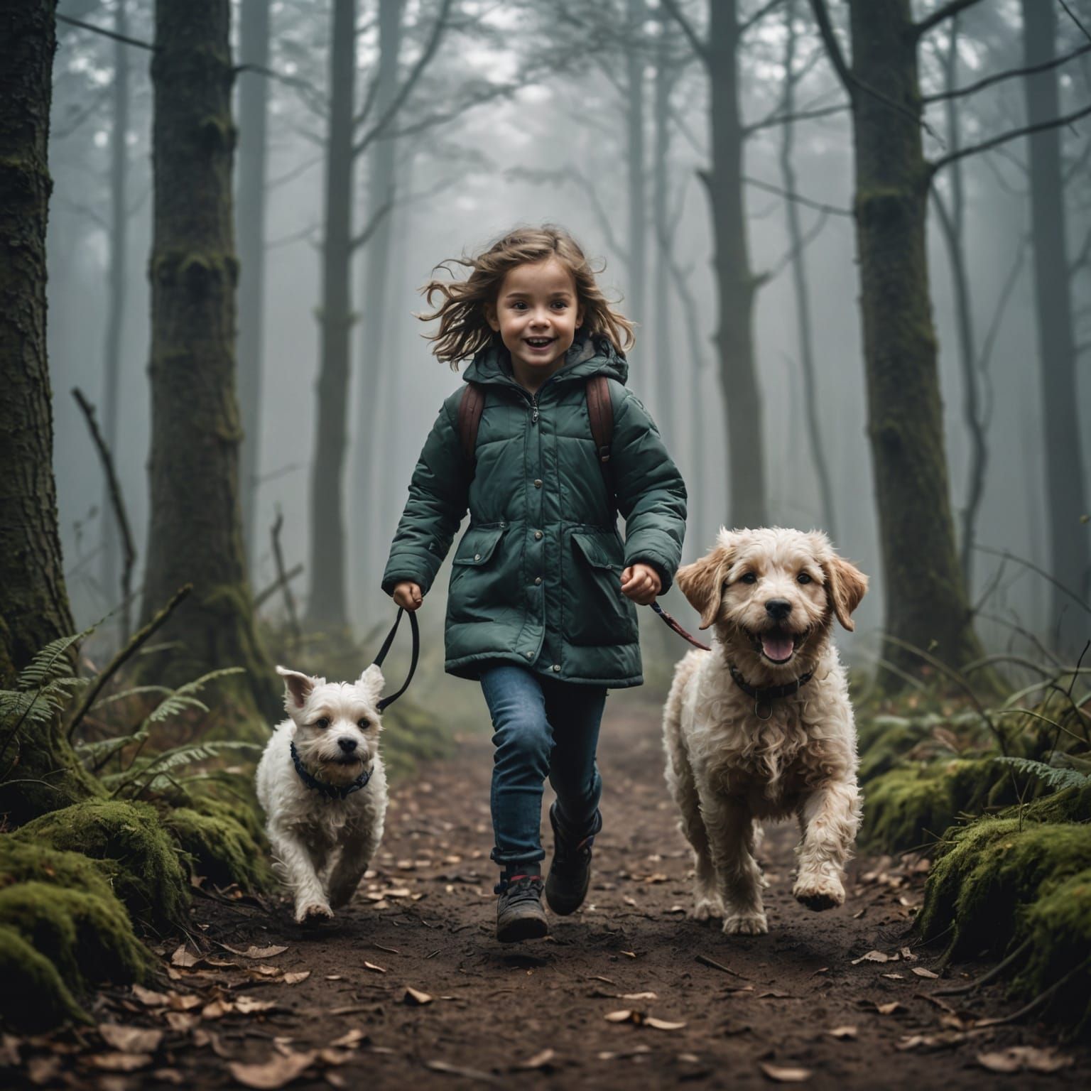 Girl and Puppy Run in Misty Woods