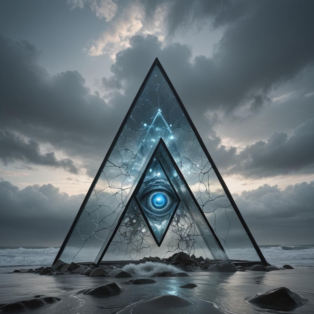 Surreal Glass A-Frame in Fog with Eye and Brain