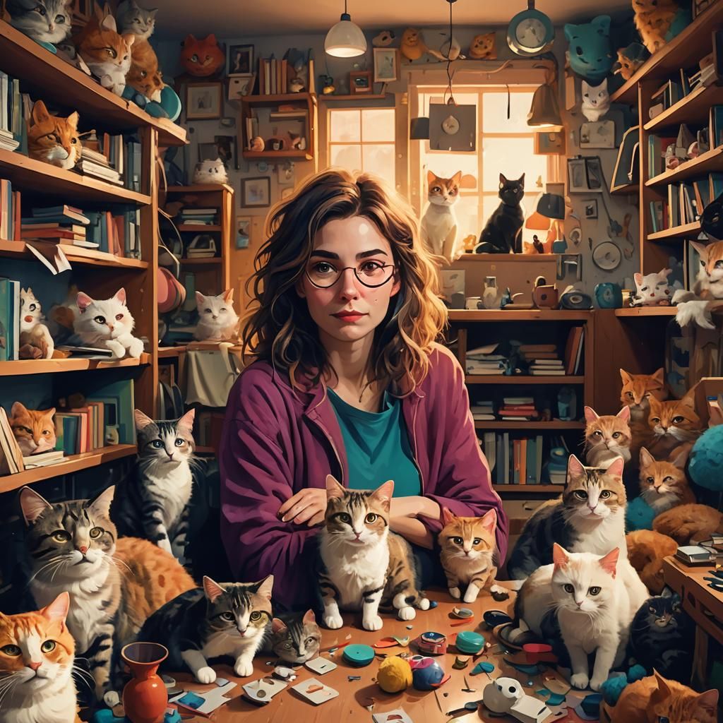 Whimsical Digital Art of Woman Surrounded by Cats
