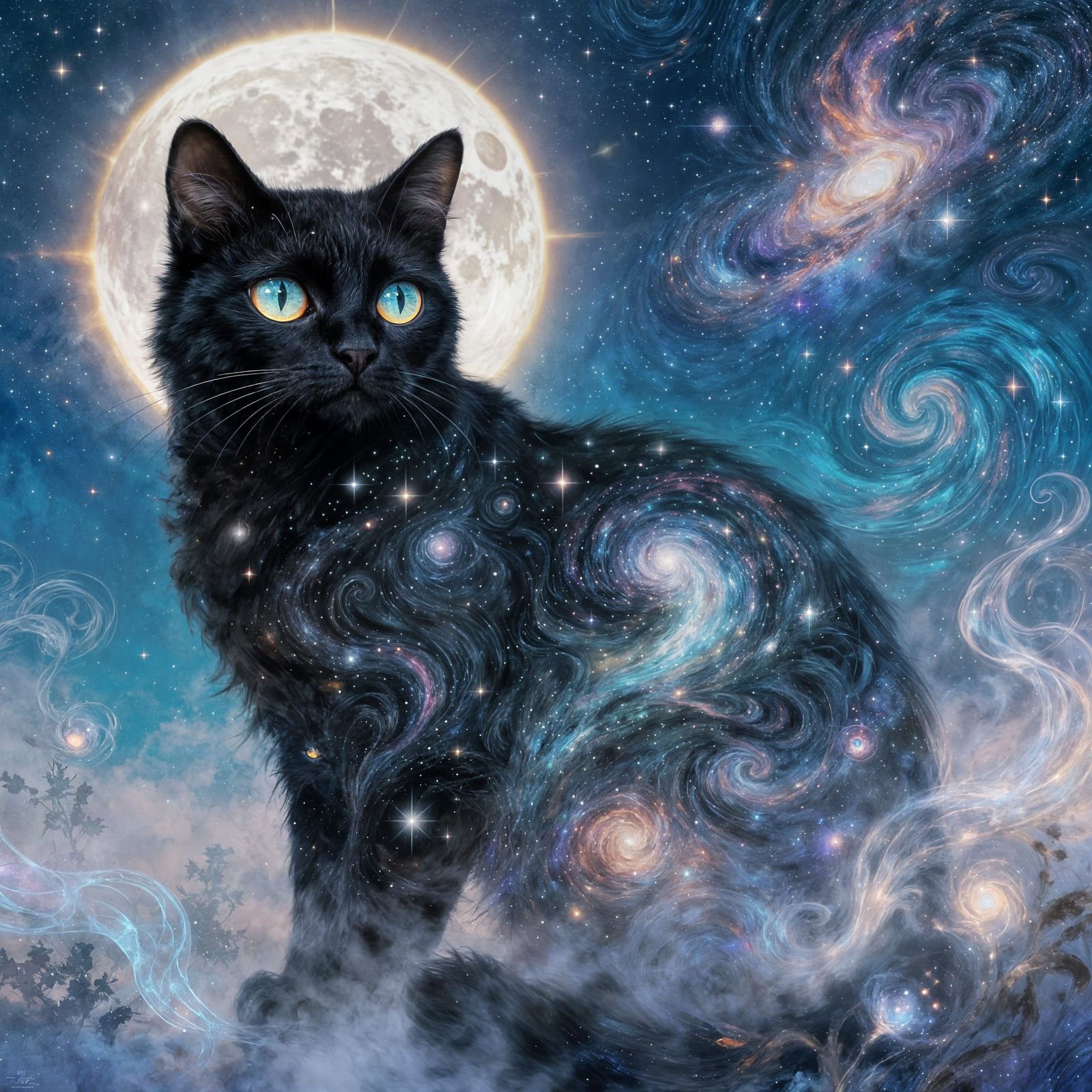 Cosmic Cat With Swirling Galaxy Fur In Dreamlike Night Sky