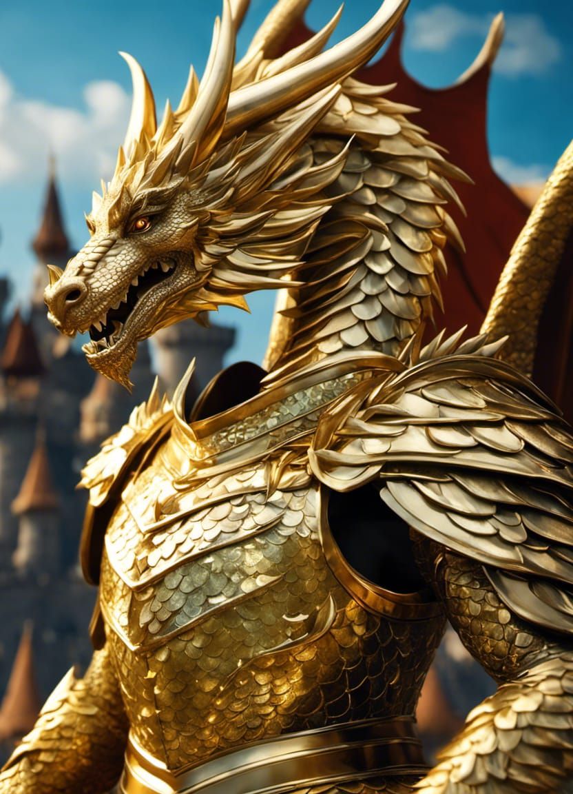 Golden Armored Dragon King Portrait in Hyperrealism