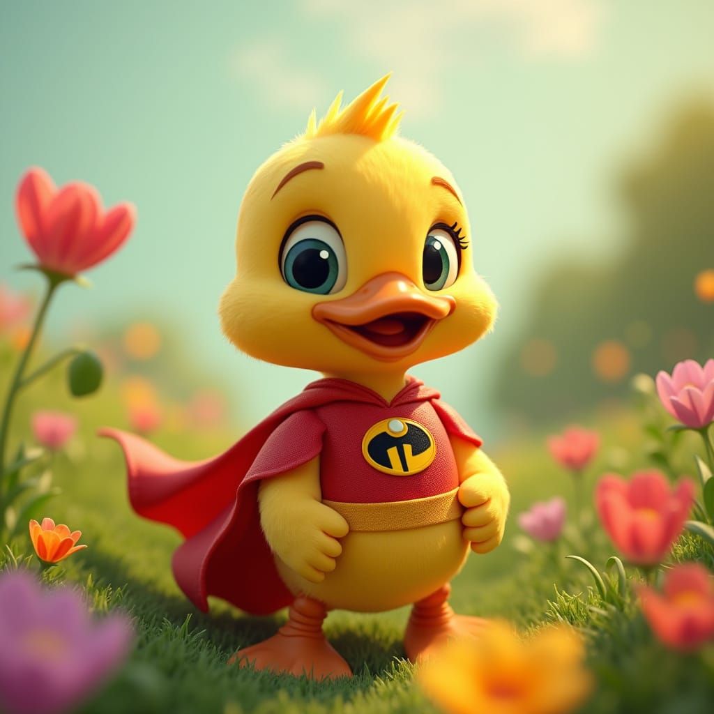 Duckling Superhero in Meadow, 3D Cartoon Style