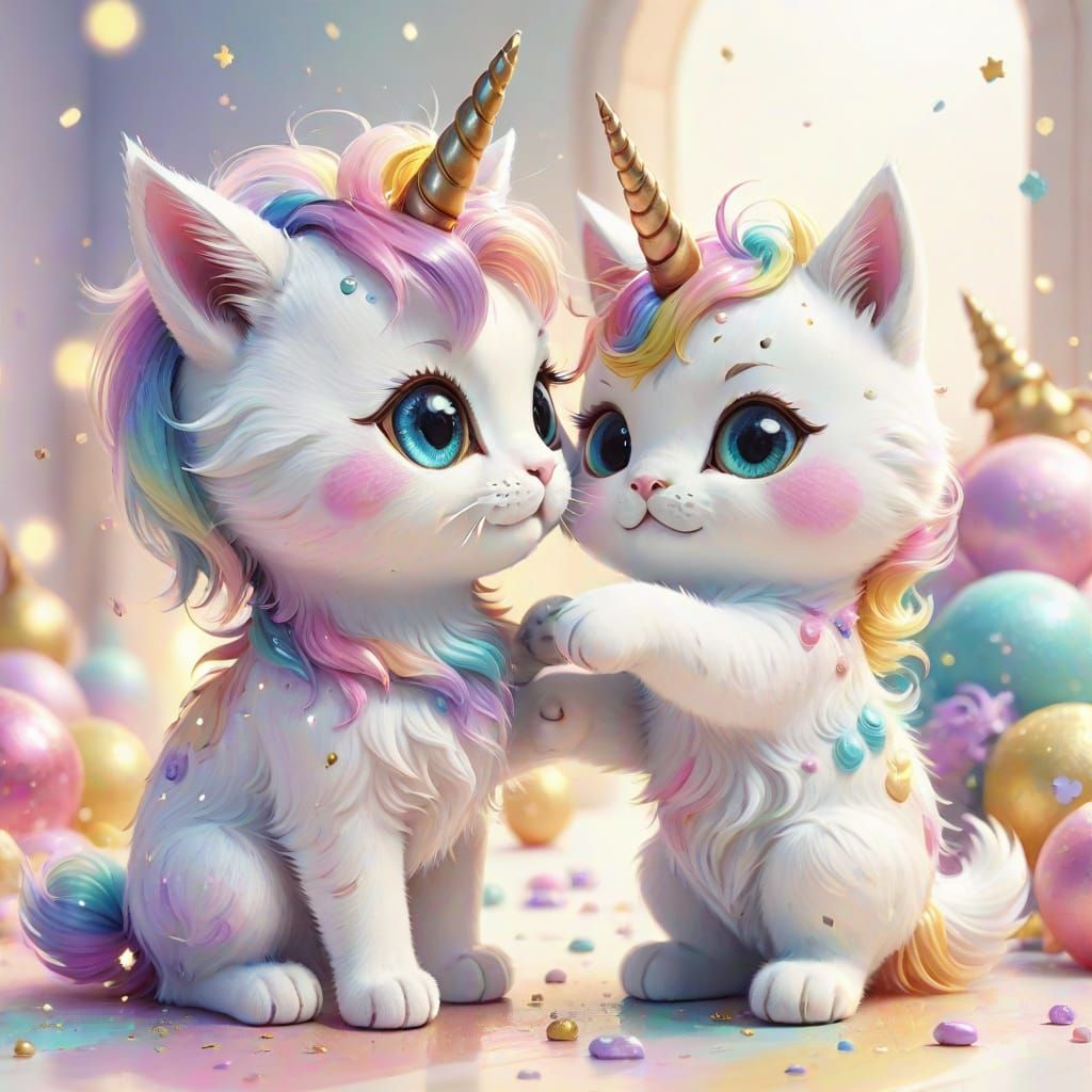 Pastel Watercolor Cat and Unicorn Playtime