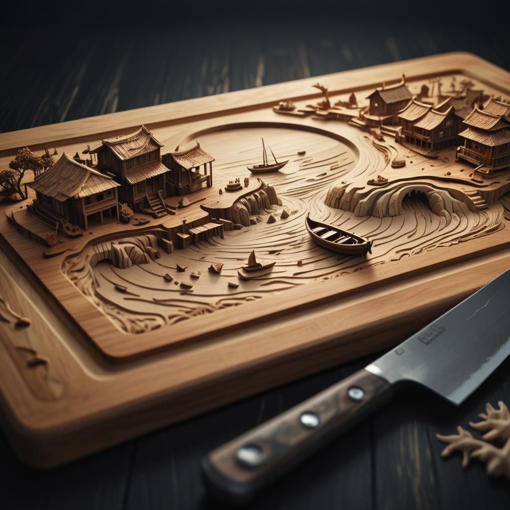 Intricate Wood Carving of Coastal Village Scene