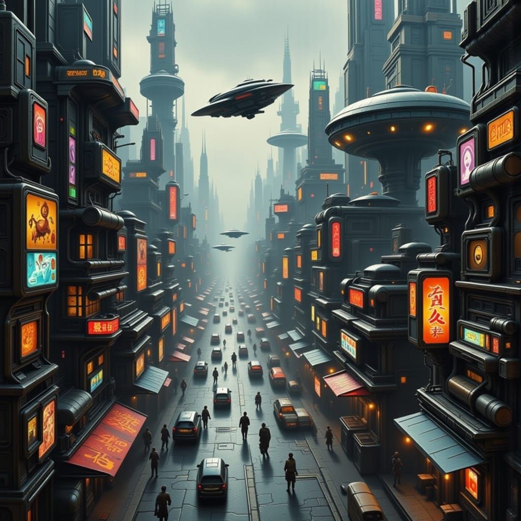 Futuristic Cityscape with Malfunctioning Skimmer