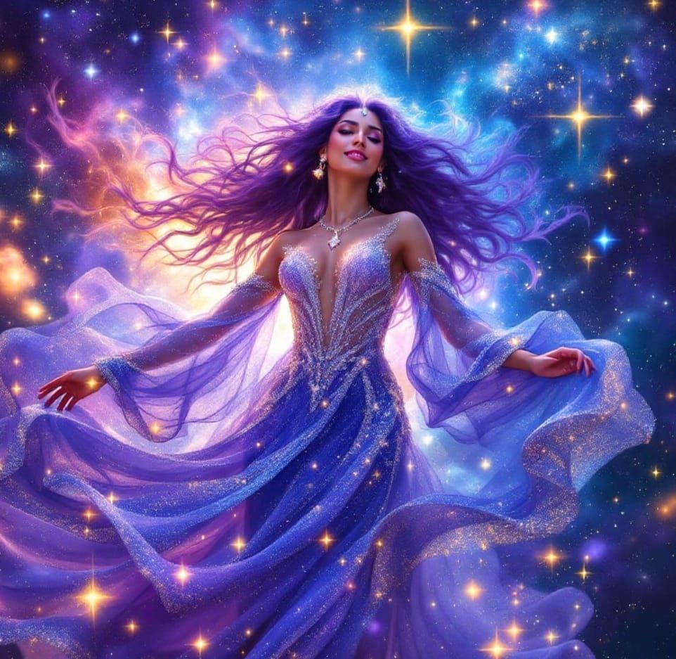 Ethereal Cosmic Goddess in Glittering Masterpiece Style