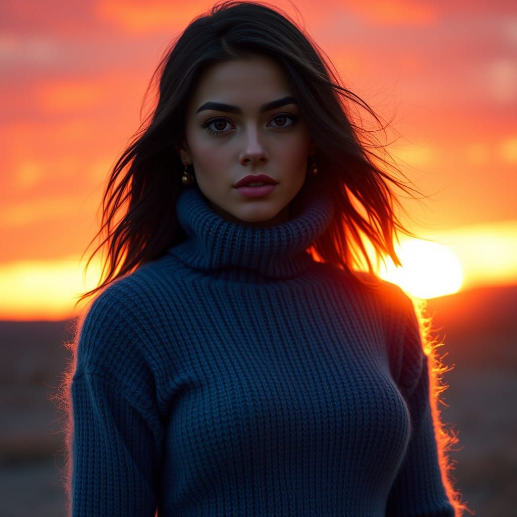 Ethereal Sunset Goddess in Fuzzy Blue Attire